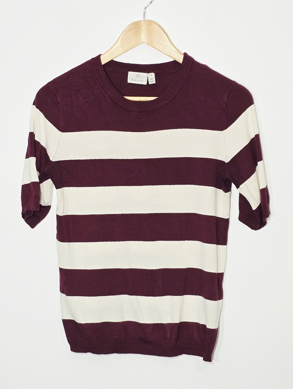 KAFFE Ivory Burgundy Nautical Strips Knitted Short Sleeve Sweater Size Small - Picture 3 of 12